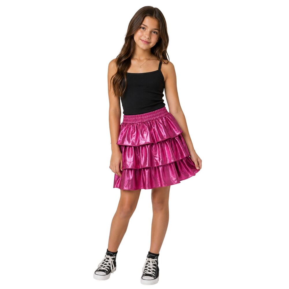 Grace Karin 12 years old hot pink shiny metallic bling teired layered skirt #
